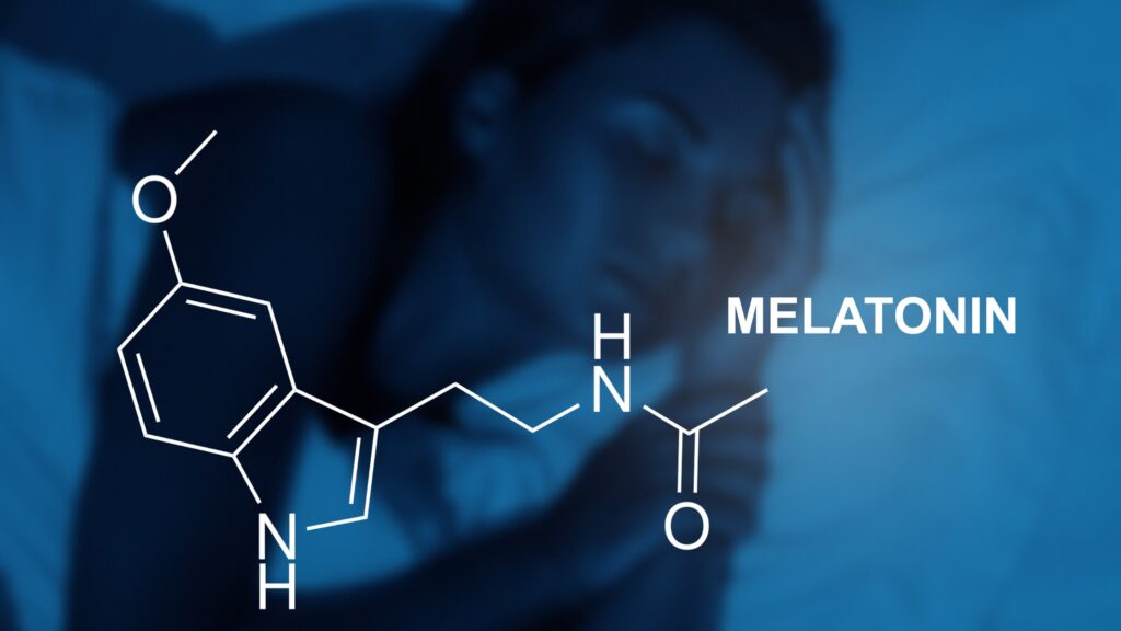 woman sleeping with melatonin in white text on foreground