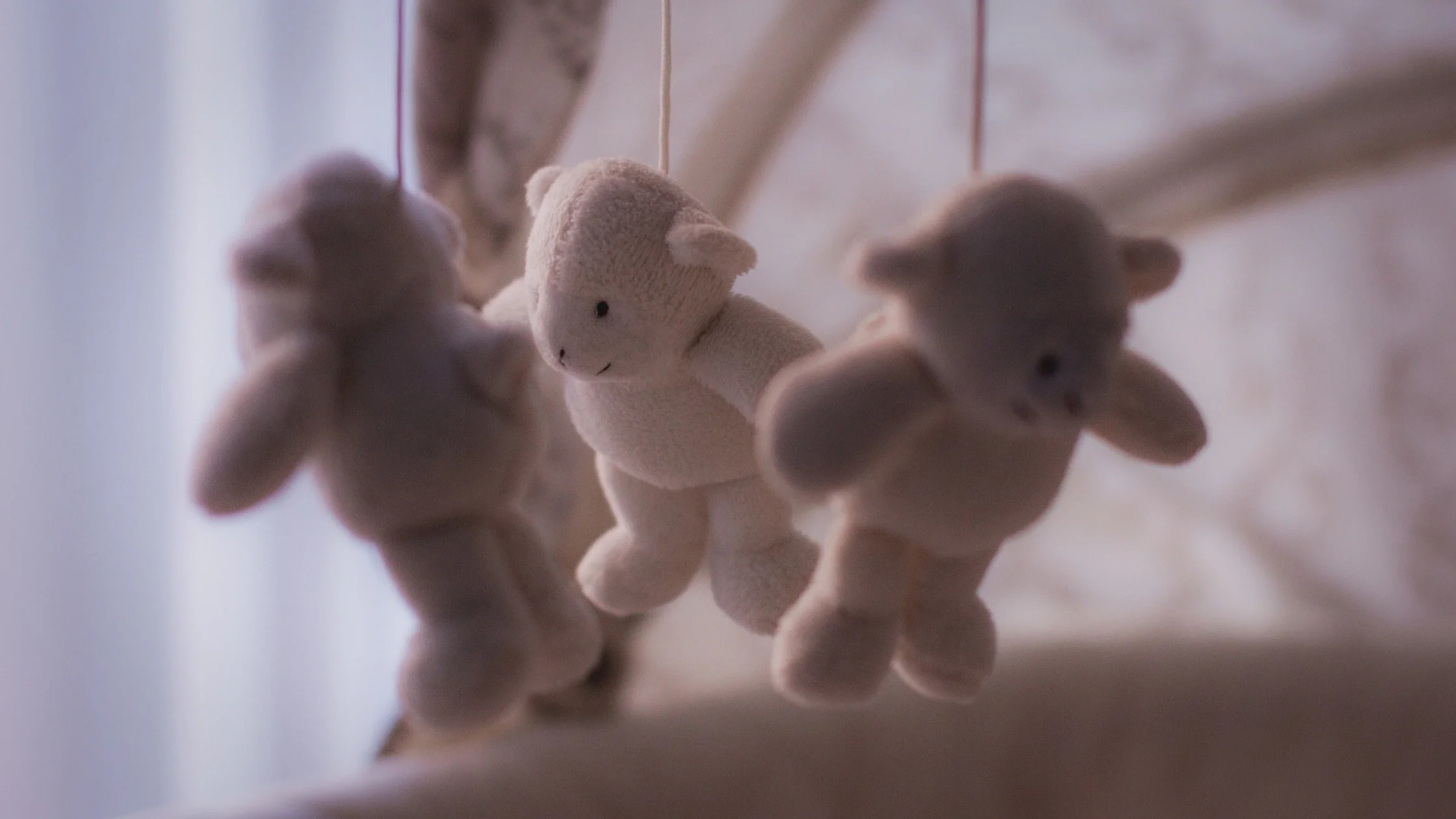toy lambs carousel hanging over crib